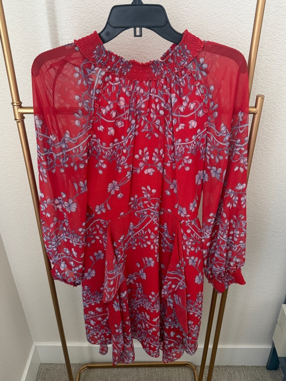 BCBG Red Floral Smocked Neck Dress